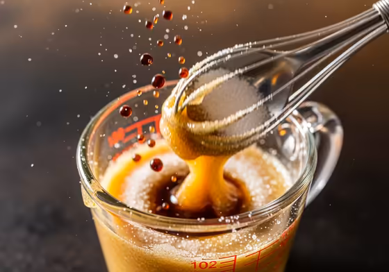 A close-up shot of someone vigorously whisking sugar and a few drops of coffee to create the thick, sweet espuma for a Cafe Cubano.