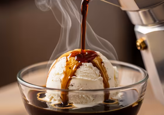 A scoop of vanilla ice cream in a small bowl with hot moka pot coffee being poured over it, causing it to melt slightly.
