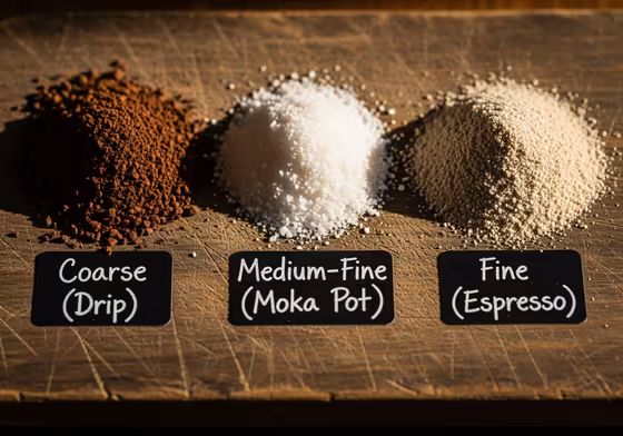 A visual comparison of different coffee grind sizes from coarse to fine, with the medium-fine grind for moka pots highlighted.