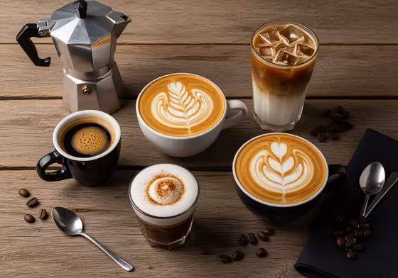 A lineup of five different coffee drinks made with a moka pot: a simple brew, a latte, a cappuccino, a Cafe Cubano, and an iced latte.