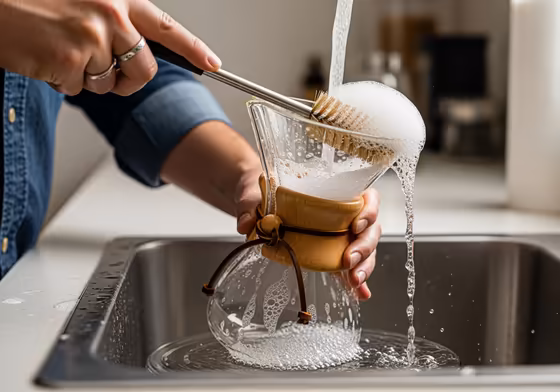 A person using a long bottle brush to clean the inside of a Chemex with soapy water.