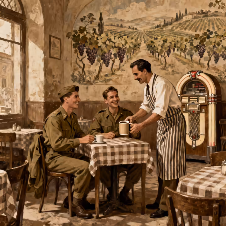 A vintage, sepia-toned illustration depicting American G.I.s in a 1940s Italian cafe, being served coffee.