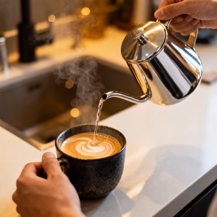 A person pouring hot water from a gooseneck kettle into a mug containing a fresh shot of espresso to make an Americano.