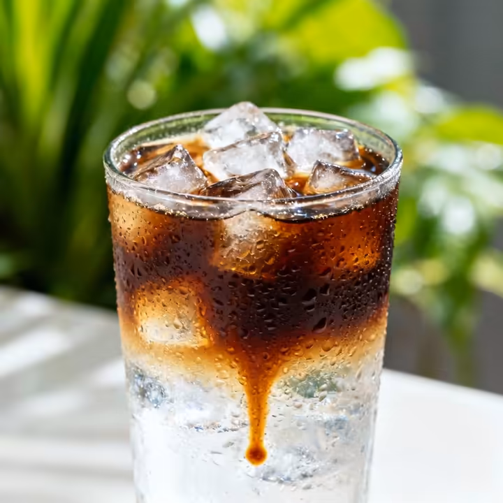 A tall, refreshing Iced Americano in a clear glass filled with ice, showing the beautiful gradient as the espresso mixes with the water.