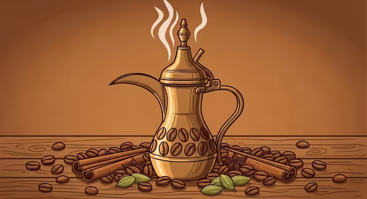 An ancient-style brass coffee pot surrounded by cinnamon sticks and cardamom pods.