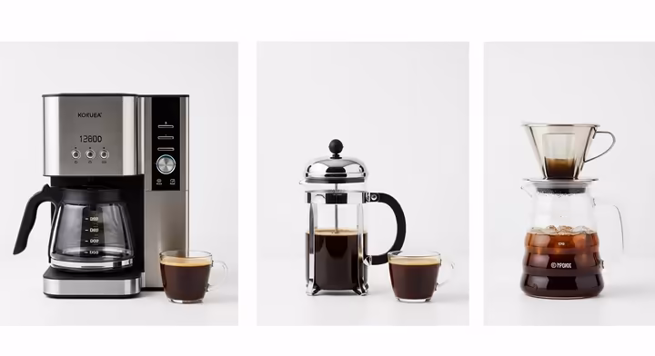 Three different coffee brewing methods shown side-by-side: a drip coffee maker, a French press, and a cold brew maker.