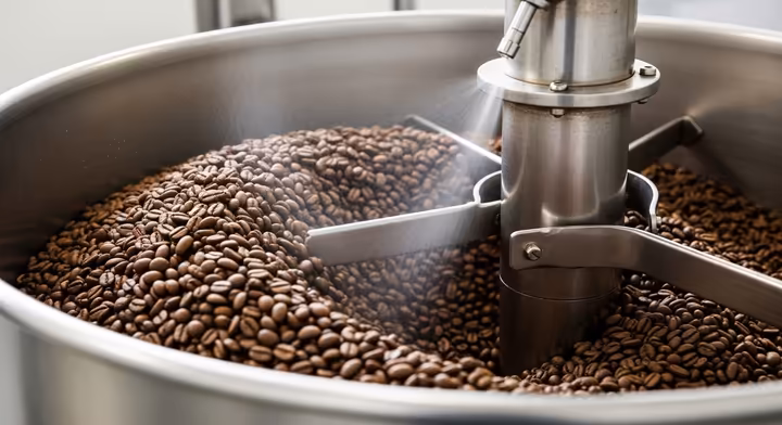 Roasted coffee beans being sprayed with flavoring in a large industrial mixer.