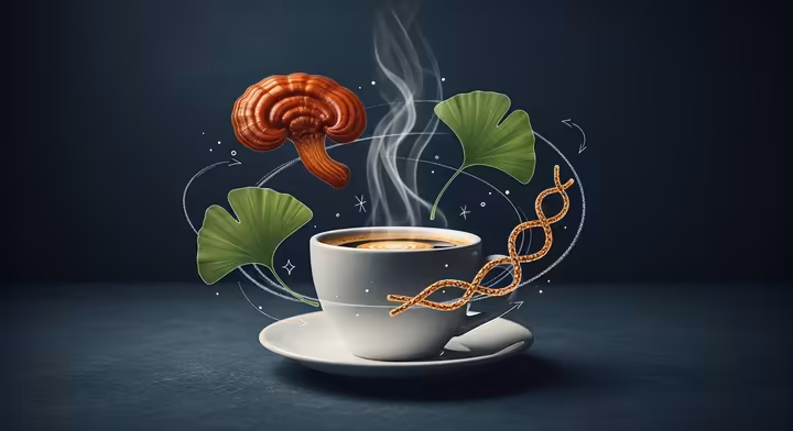 A cup of coffee with artistic representations of adaptogens like mushrooms and nootropics.