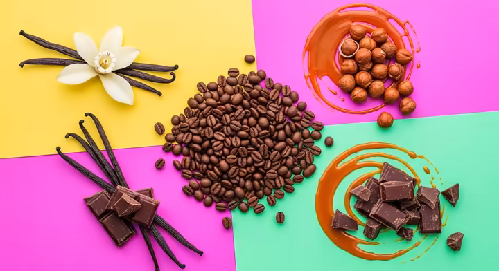 A collage showing various popular coffee flavors like vanilla, hazelnut, caramel, and mocha.