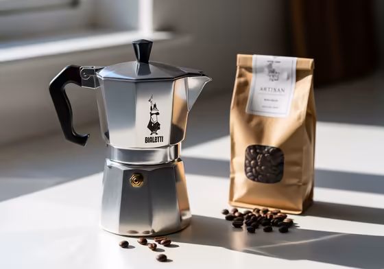 A sleek Bialetti Brikka Moka pot sitting on a modern kitchen counter next to a bag of coffee beans.