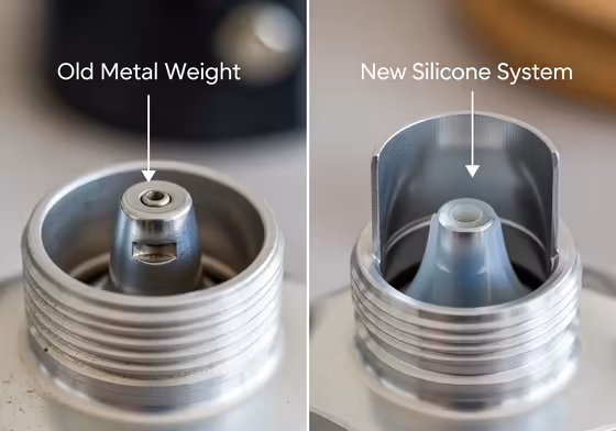 A side-by-side comparison of the old Brikka's metal weight valve and the new Brikka's silicone valve system.