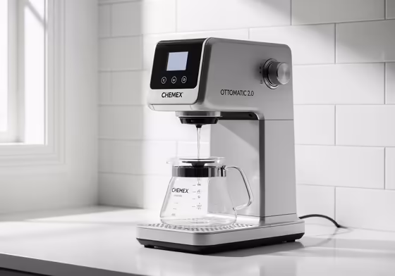 The Chemex Ottomatic 2.0 automatic coffee brewer with a Chemex carafe in place.