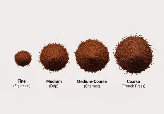 A visual comparison of coffee grind sizes, from fine for espresso to medium-coarse for Chemex and coarse for French Press.