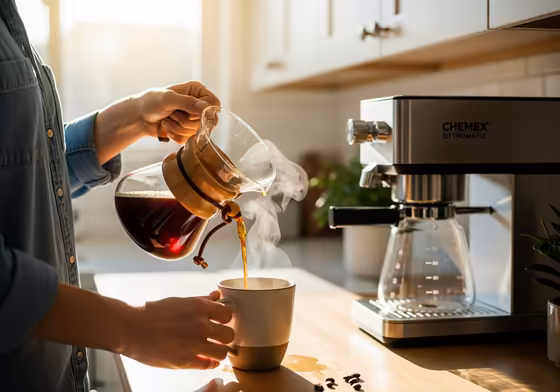 A person smiling as they pour a cup of coffee from a Chemex Ottomatic carafe in a sunlit kitchen.