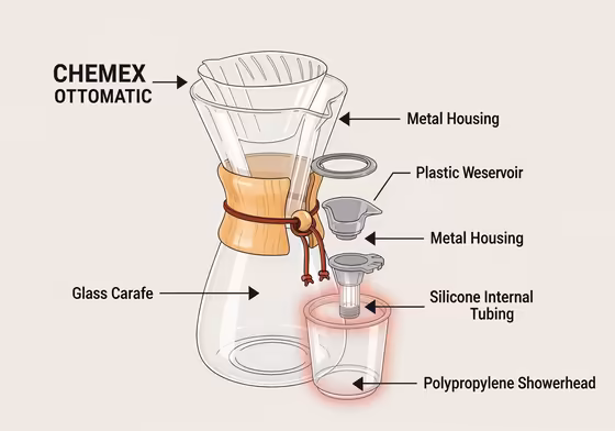 An infographic diagram of the Chemex Ottomatic showing which parts are made of glass, metal, and plastic.