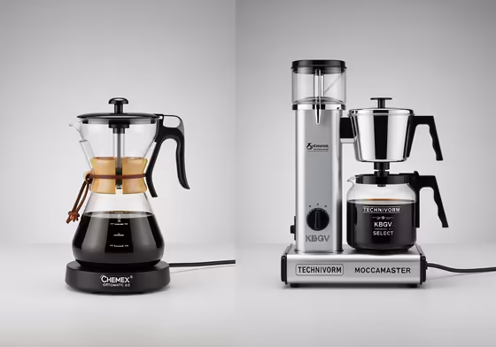 The Chemex Ottomatic and a Technivorm Moccamaster coffee maker displayed side-by-side for comparison.