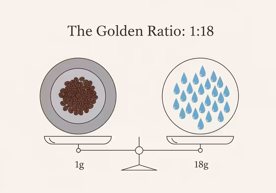 An infographic explaining the coffee-to-water ratio with icons of coffee beans and water droplets.