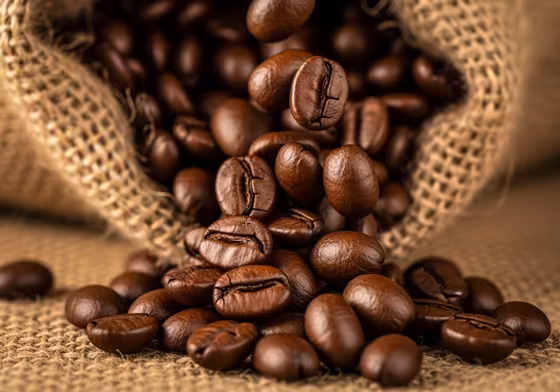 A close-up shot of freshly roasted, high-quality arabica coffee beans in a burlap sack.
