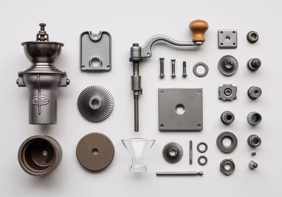 A coffee grinder completely disassembled, with all its metal, wood, and glass parts laid out neatly on a workbench.