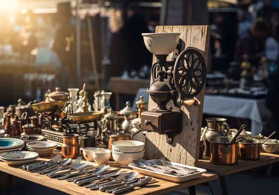 A vintage coffee grinder sitting on a cluttered table at an outdoor flea market.