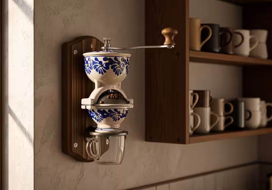A beautifully restored vintage wall-mounted coffee grinder with a wooden backplate and ceramic hopper, installed on a rustic kitchen wall.