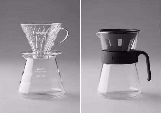Side-by-side comparison of the Hario V60 Range Server and the Hario V60 Drip Decanter.
