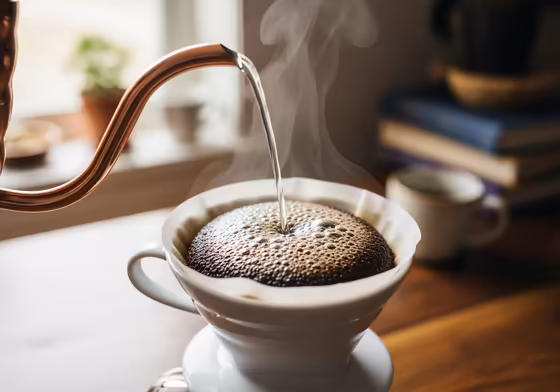 A person pouring hot water from a gooseneck kettle in a precise circular motion into a Hario V60 dripper.