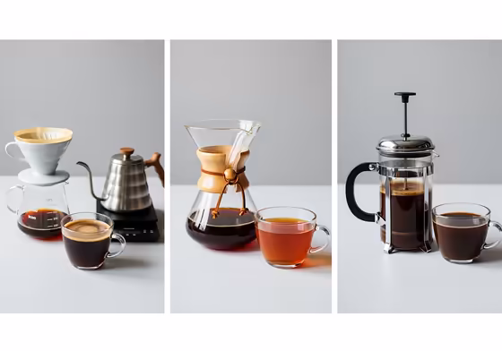 A comparison image showing a Hario V60, a Chemex, and a French Press side-by-side.