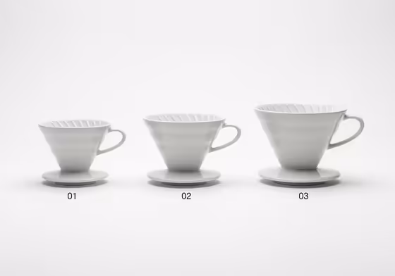 A side-by-side comparison photo of the Hario V60 sizes 01, 02, and 03 to show their relative scale.