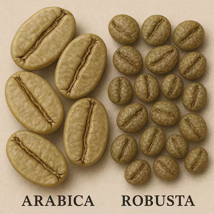 A side-by-side comparison of lighter, oval Arabica coffee beans and darker, rounder Robusta coffee beans.