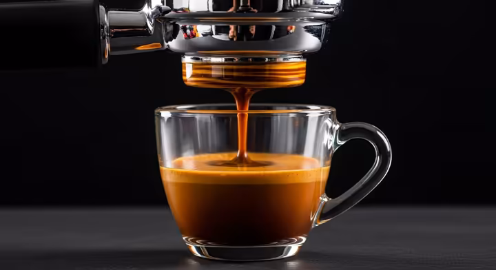 A close-up shot of espresso being extracted from a portafilter into a glass cup, showing the stream of rich, dark coffee.
