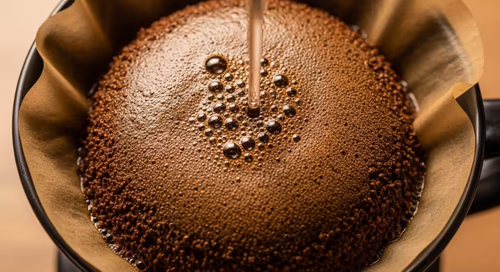 A close-up shot of the coffee blooming in a Melitta brewer. The wet coffee grounds are bubbling and expanding, releasing CO2 gas.