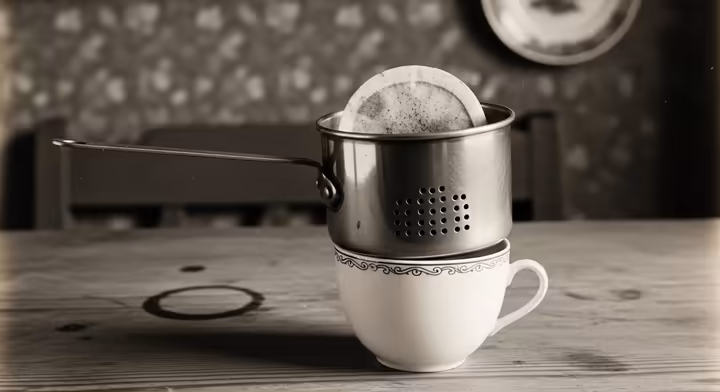 A vintage black and white photograph depicting Melitta Bentz's original coffee filter invention, a simple brass pot with holes and a paper filter.