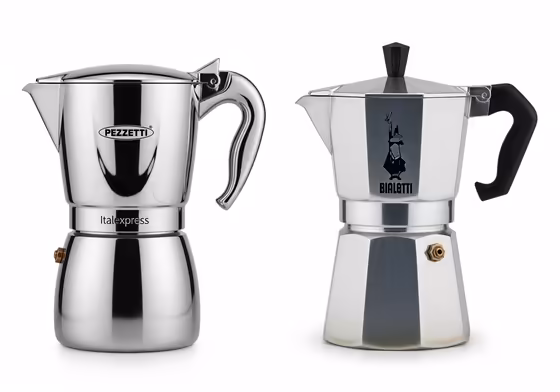 A side-by-side comparison of a Pezzetti moka pot and a classic Bialetti Moka Express, highlighting their design differences.