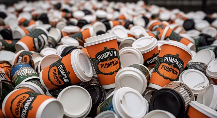 A pile of used disposable coffee cups, lids, and straws, highlighting the issue of single-use packaging waste.