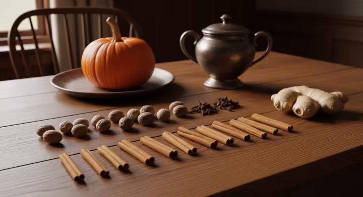 An antique wooden table with a small pile of pumpkin spice blend, including cinnamon sticks, whole cloves, and nutmeg.