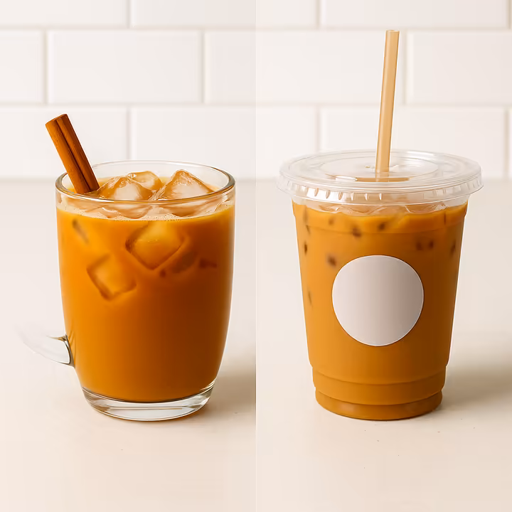 A side-by-side comparison of a homemade pumpkin iced coffee in a glass mug and a commercial one in a branded plastic cup.