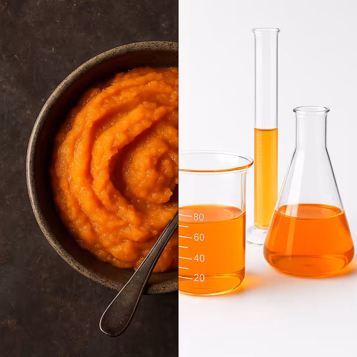 A split image showing a fresh pumpkin puree on one side and scientific lab beakers with orange liquid on the other.