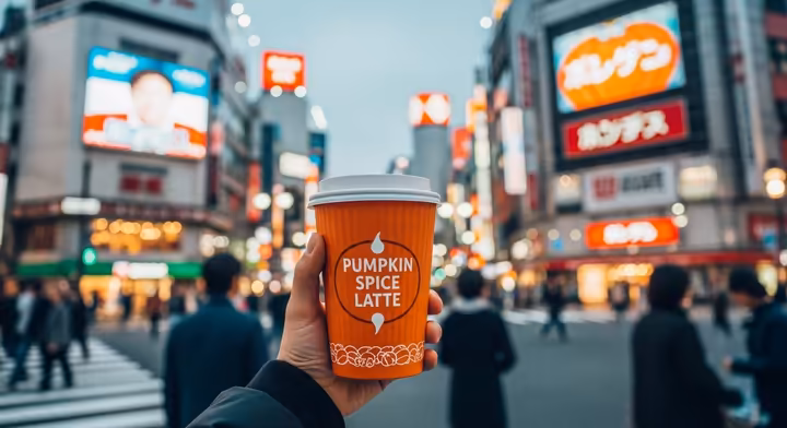 A person holding a Starbucks Pumpkin Spice Latte in front of a bustling Tokyo street with neon signs.