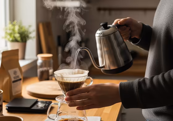 A person making pour-over coffee using the Hario V60 Buono electric kettle, showing its precise pour control.