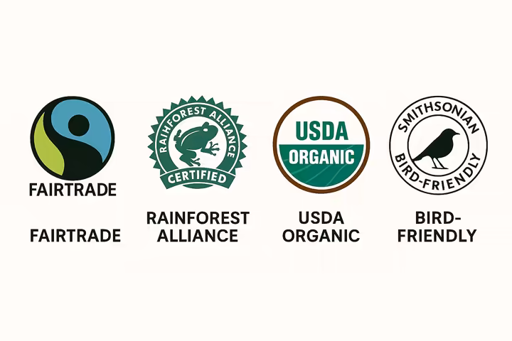 A collection of common sustainable coffee certification logos, including Fairtrade, Rainforest Alliance, USDA Organic, and Smithsonian Bird-Friendly.
