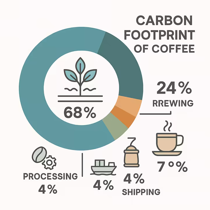 Infographic showing the carbon footprint of coffee from farm to cup, with the largest impact at the farm and consumption stages.
