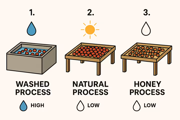 Illustration of washed, natural, and honey coffee processing methods, showing the difference in water usage.