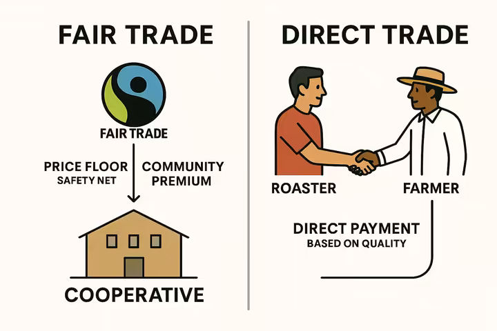 A diagram explaining the difference between Fair Trade's system-wide safety net and Direct Trade's personal relationships with farmers.