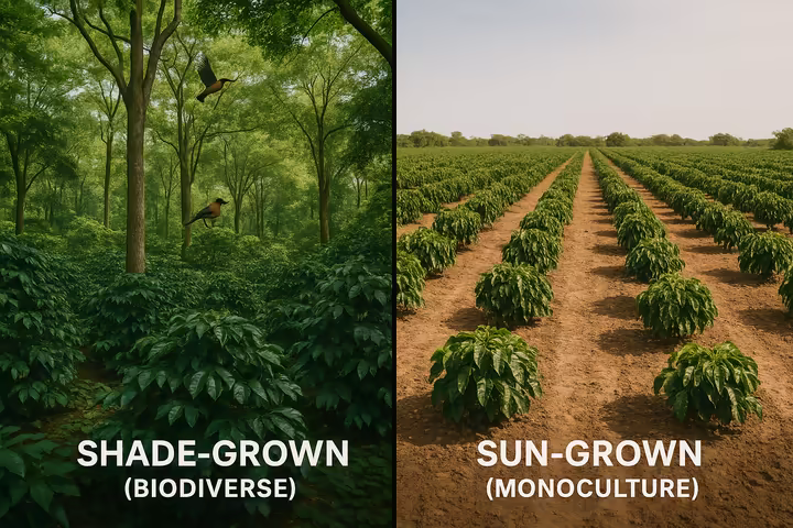 A split-screen image comparing a lush, biodiverse shade-grown coffee farm with a barren, sun-grown monoculture coffee plantation.
