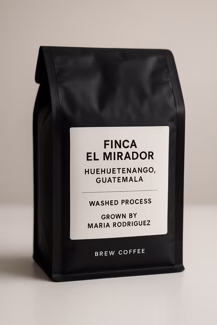 A close-up of a specialty coffee bag showing detailed information about the farm, region, and processing method.