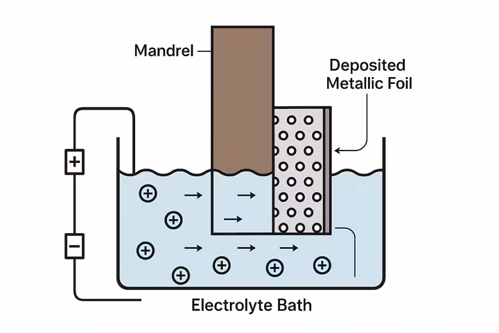 An infographic diagram showing the electroforming process for creating micro-perforated filter foils.