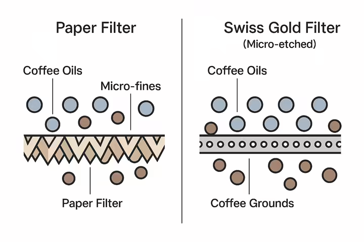 A diagram comparing how a paper filter traps coffee oils versus how a Swiss Gold filter allows them to pass through.