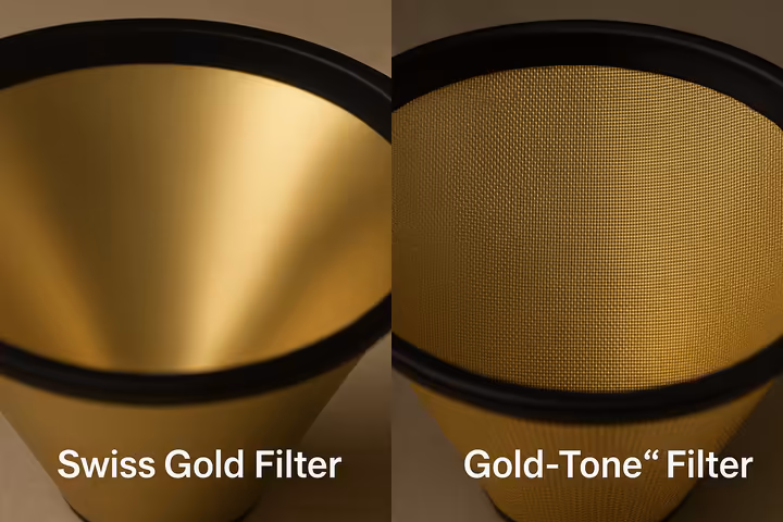 A side-by-side comparison of a high-quality Swiss Gold filter and a generic gold-tone woven mesh filter.