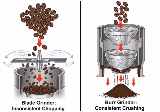 An illustration comparing the inside of a blade grinder with a spinning blade versus a burr grinder with two grinding surfaces.